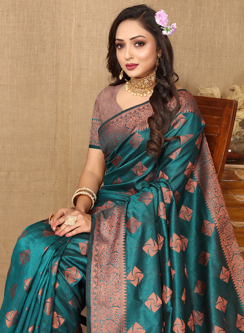 Lorenvalley Fashion Teal Soft Katan Silk Woven Design Copper Zari Weaving Saree | Grocsy