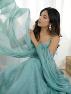 Lorenvalley Teal Crunchy Silk Fabric with Siroski Work Anarkali Pant With Dupatta Set | Grocsy