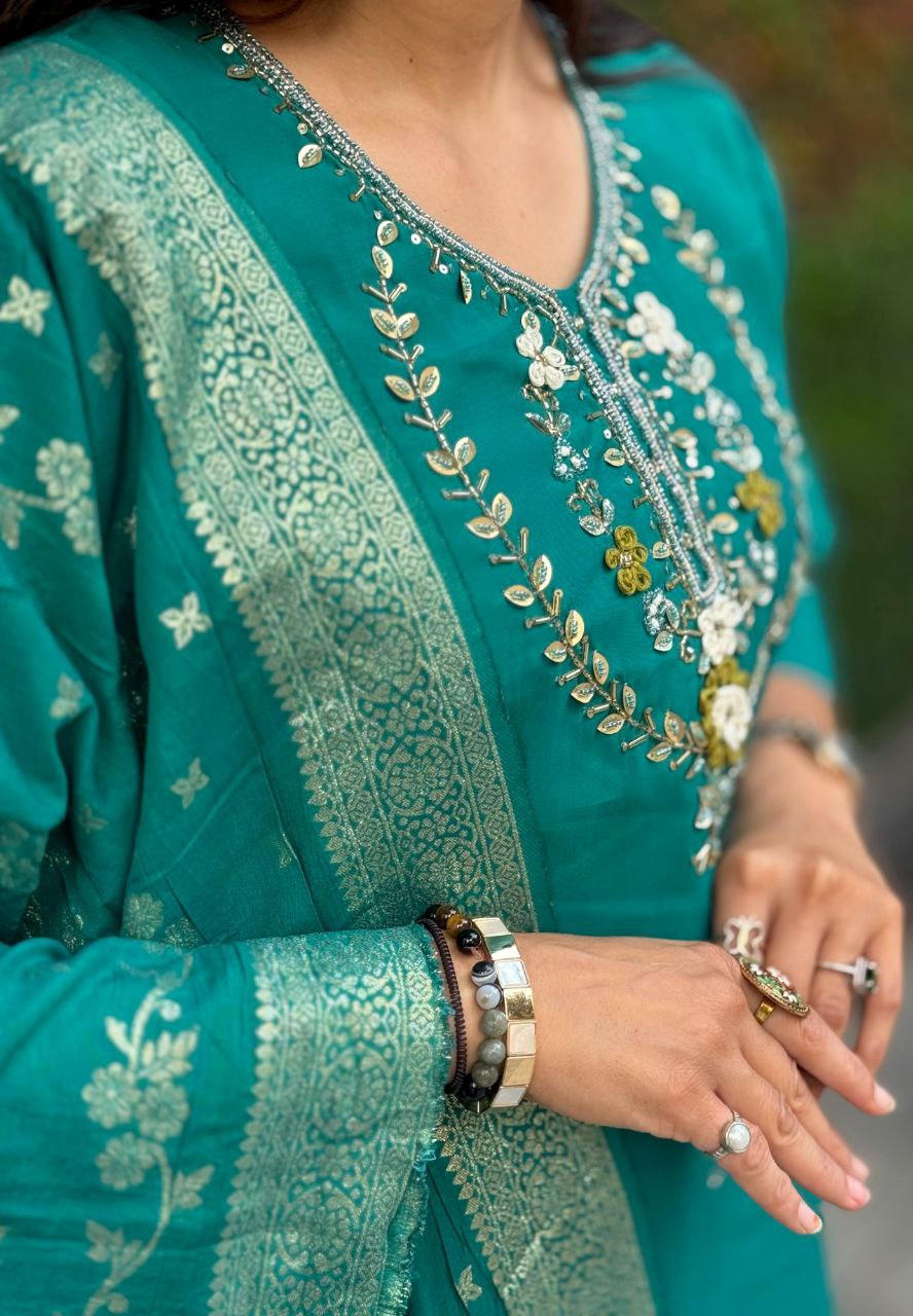 Lorenvalley Fashion Teal Roman Silk Hand Work Kurta Pant with Dupatta | Grocsy