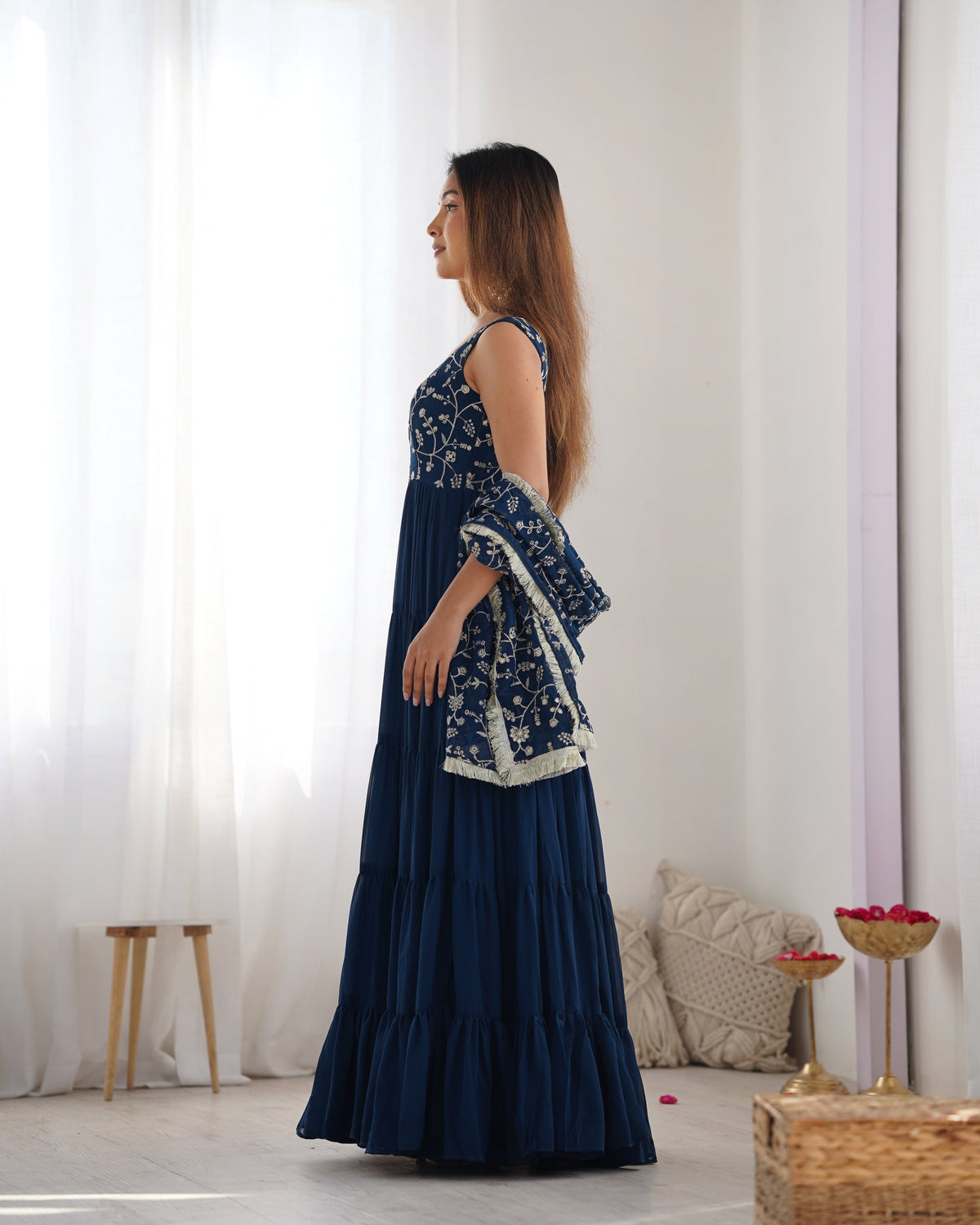 Lorenvalley Teal Faux Georgette Layer Gathering Anarkali Pant With Dupatta Set | Grocsy