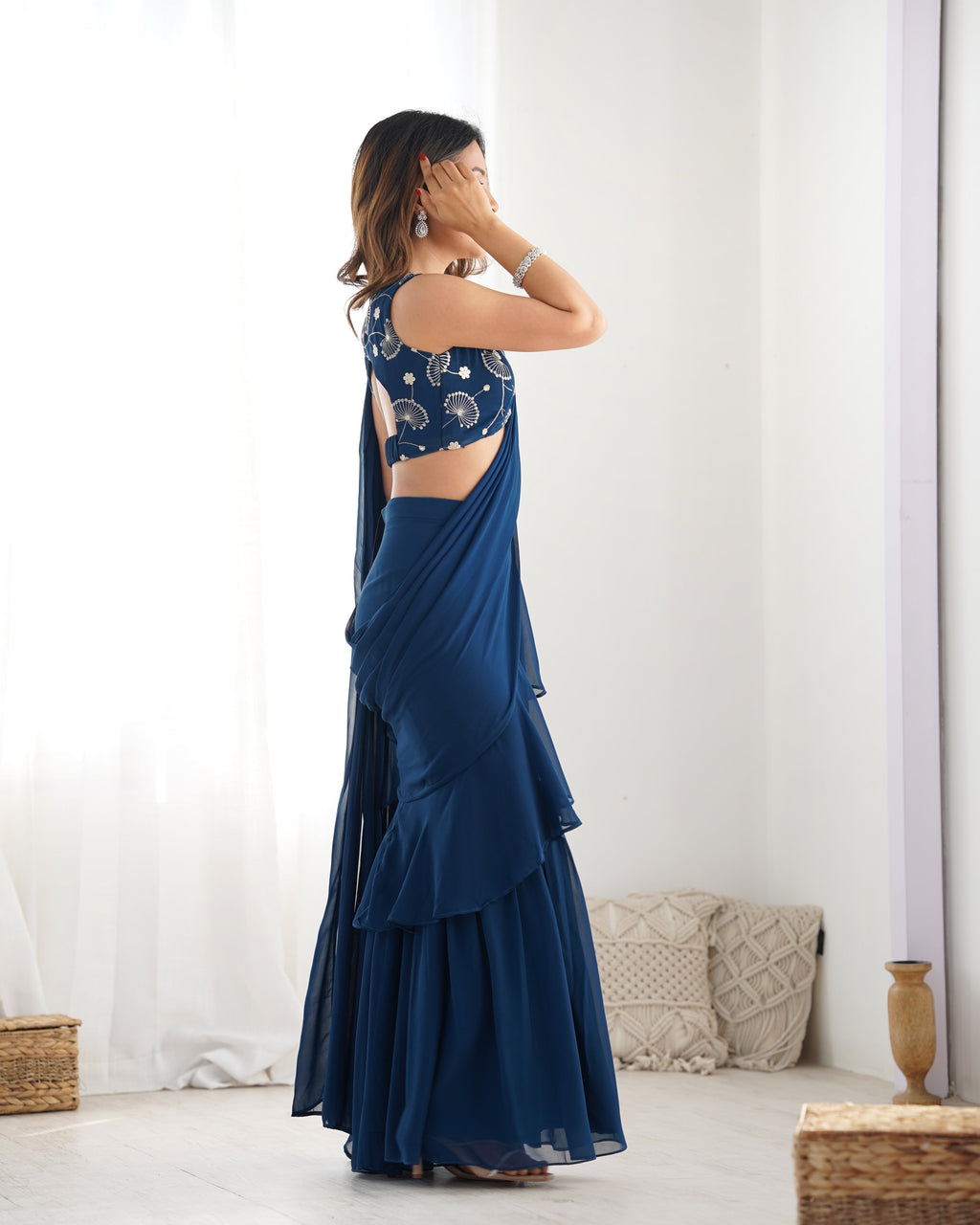 Lorenvalley Teal Faux Georgette Ready To Wear Sharara Saree with Full Stitched Blouse | Grocsy