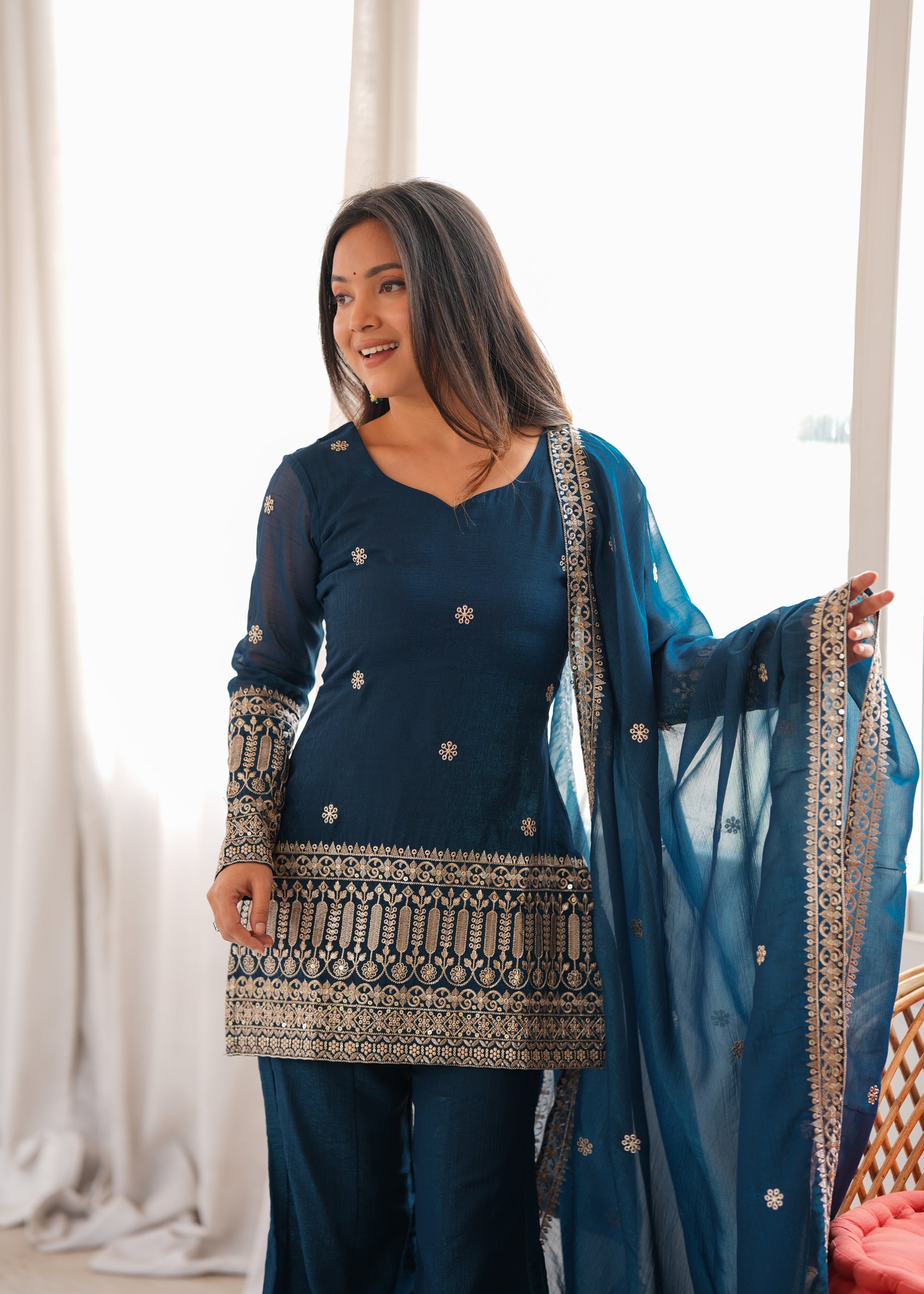 Lorenvalley Fashion Teal Crunchy Silk with Embroidery Sequins and Zari Work Kurta Bell Bottom Pant with Dupatta | Grocsy
