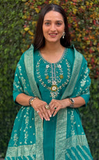 Lorenvalley Fashion Teal Roman Silk Hand Work Kurta Pant with Dupatta | Grocsy