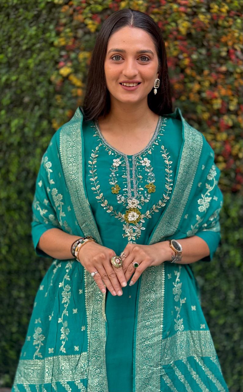 Lorenvalley Fashion Teal Roman Silk Hand Work Kurta Pant with Dupatta | Grocsy