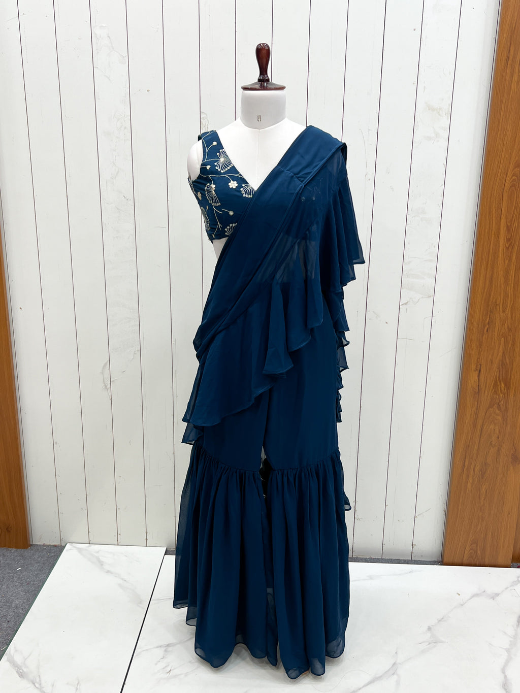 Lorenvalley Teal Faux Georgette Ready To Wear Sharara Saree with Full Stitched Blouse | Grocsy