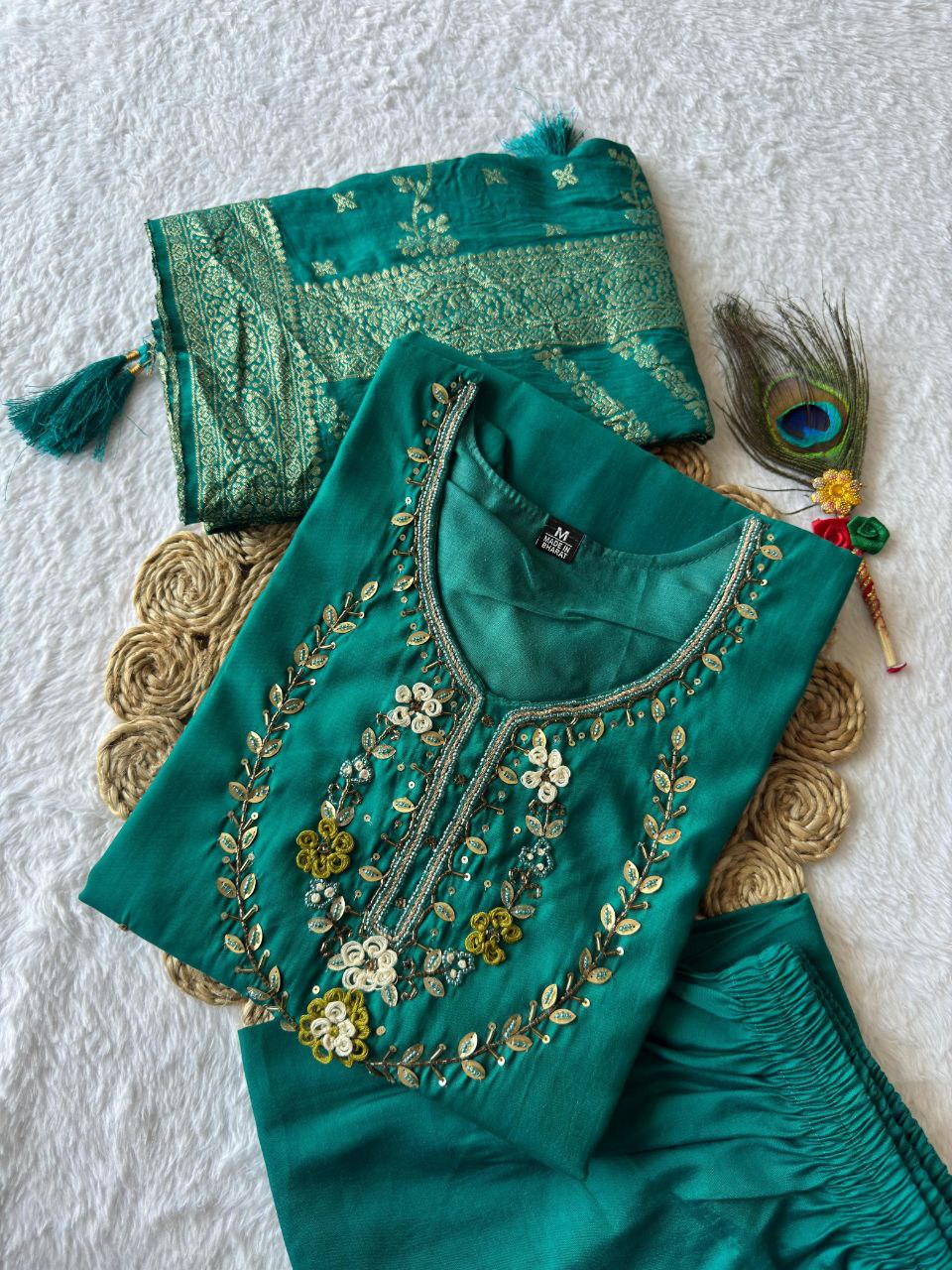 Lorenvalley Fashion Teal Roman Silk Hand Work Kurta Pant with Dupatta | Grocsy