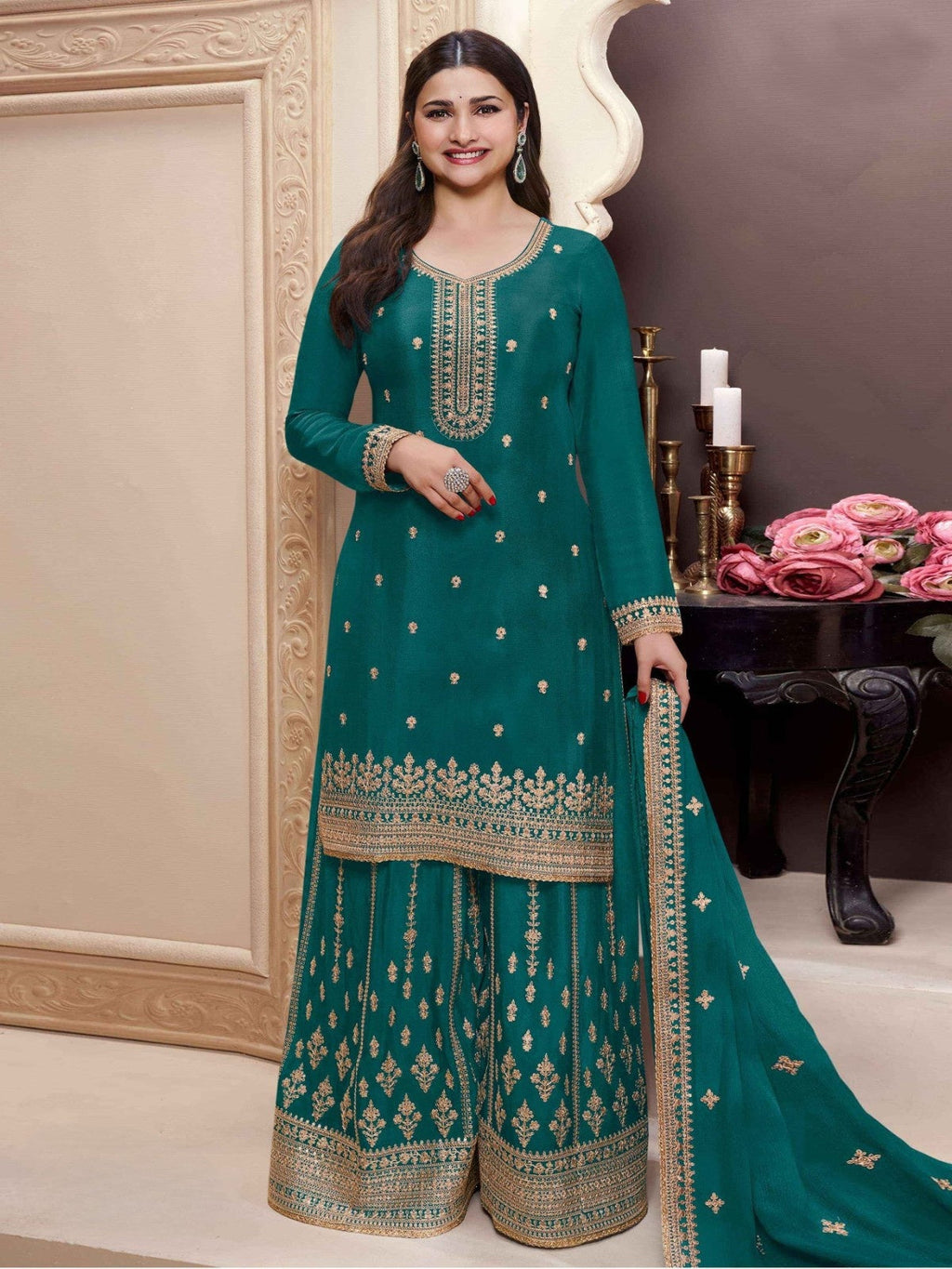 Anaita Teal Chinon Embroidered Salwar Suit | Grocsy