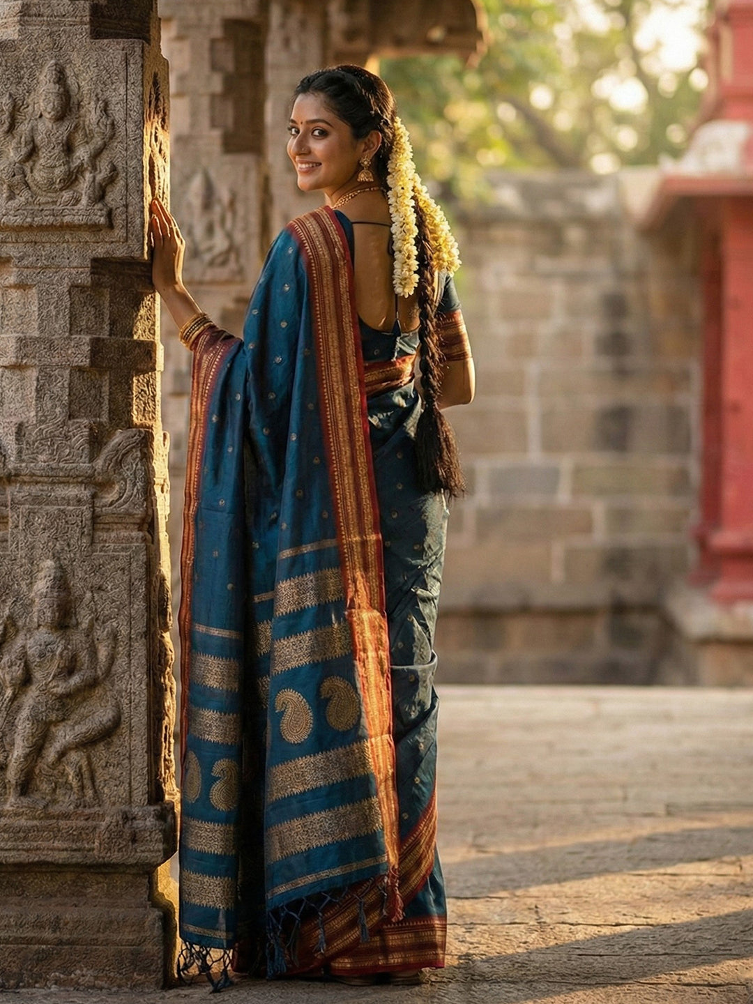 Anaita Teal Silk Woven Saree With Blouse | Grocsy