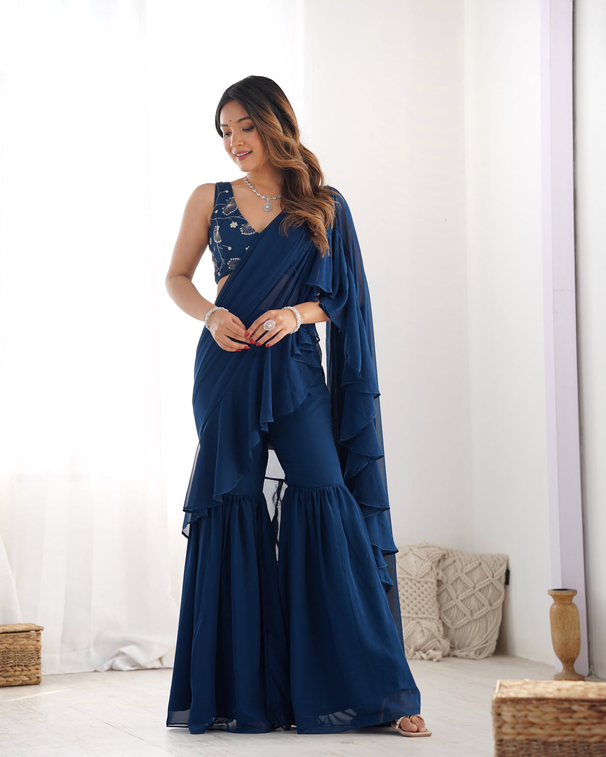 Lorenvalley Teal Faux Georgette Ready To Wear Sharara Saree with Full Stitched Blouse | Grocsy