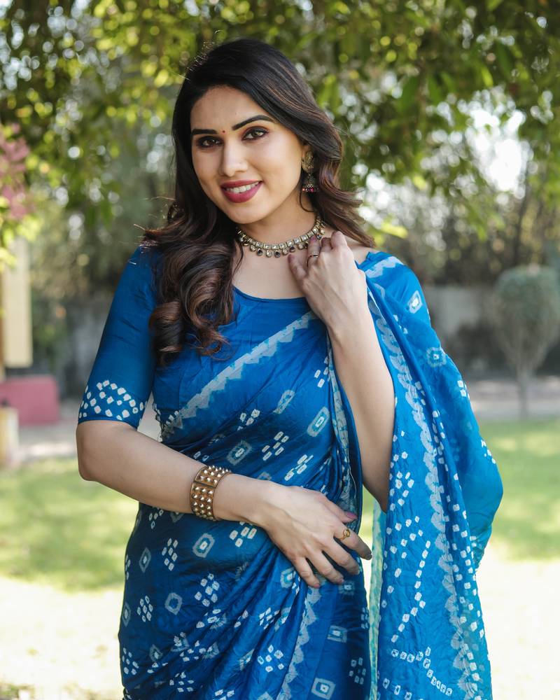 Anaita Teal Woven Design Pure Bandhej Silk Saree With Blouse | Grocsy