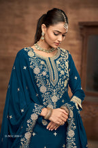 Anaita Teal Premium Embroidered Vichitra Silk Lehenga Style Suit | Grocsy