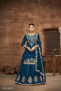 Anaita Teal Premium Embroidered Vichitra Silk Lehenga Style Suit | Grocsy
