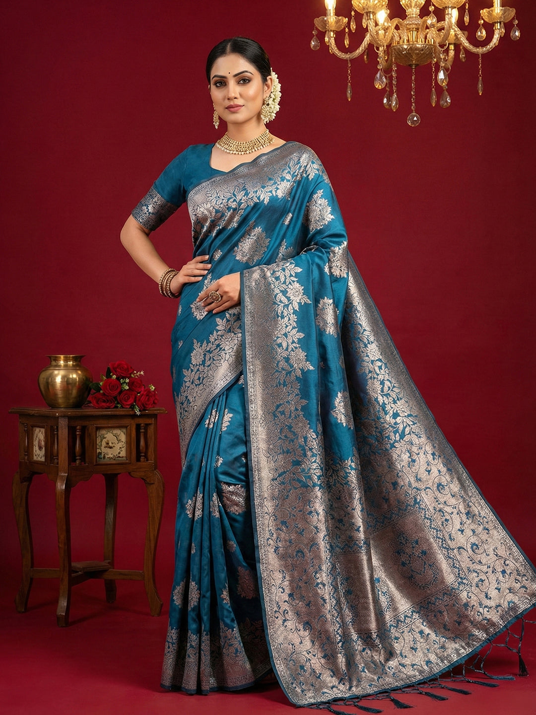 Anaita Teal Silk Blend Woven Saree With Blouse | Grocsy
