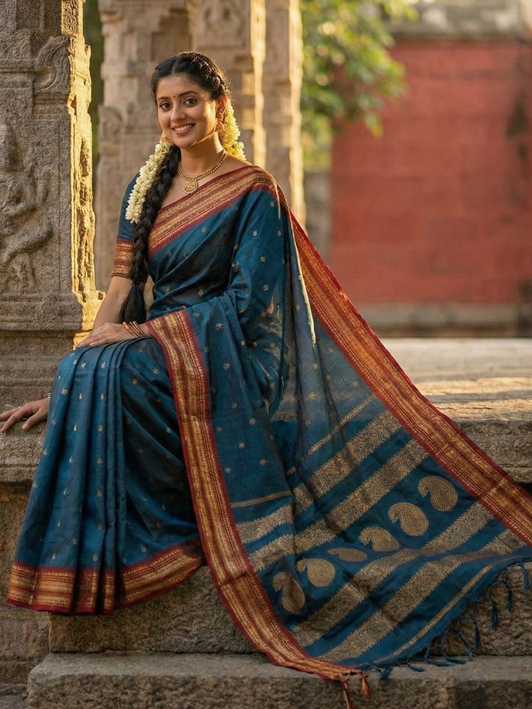 Anaita Teal Silk Woven Saree With Blouse | Grocsy