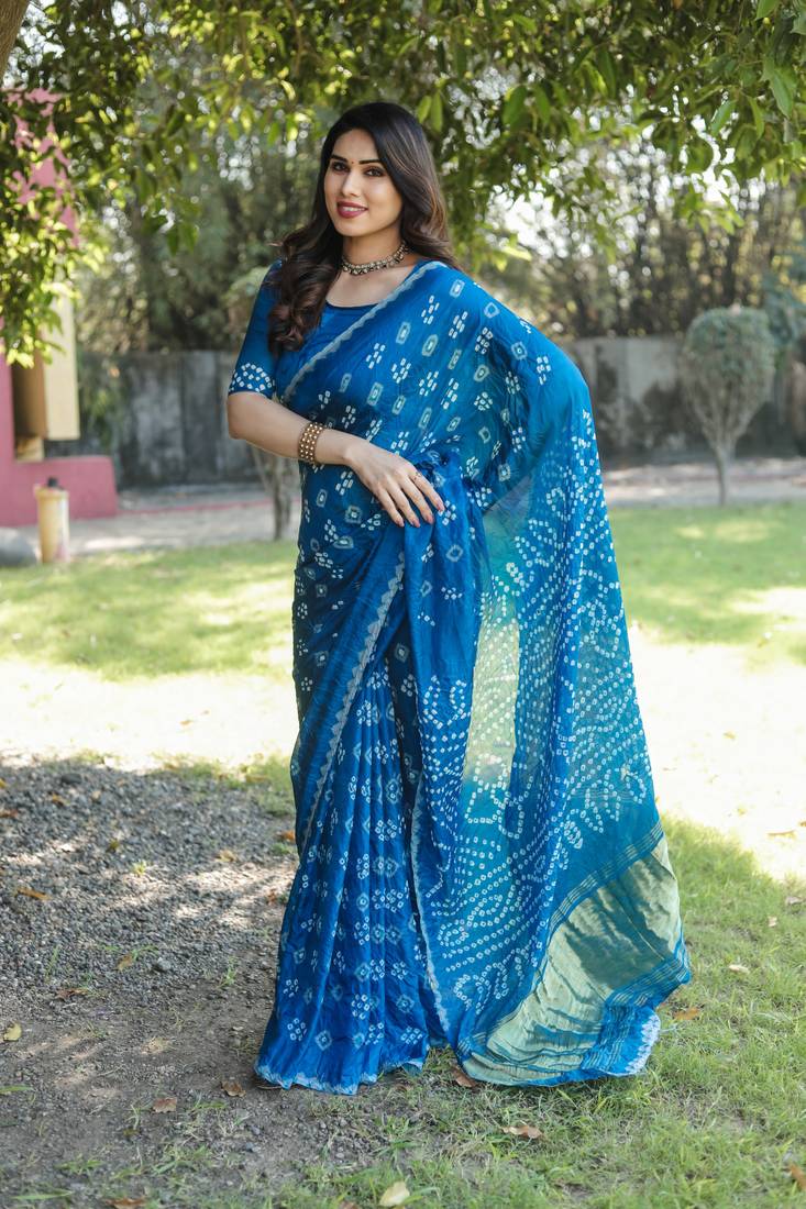 Anaita Teal Woven Design Pure Bandhej Silk Saree With Blouse | Grocsy