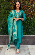 Lorenvalley Fashion Teal Roman Silk Hand Work Kurta Pant with Dupatta | Grocsy