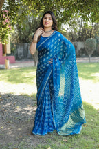 Anaita Teal Woven Design Pure Bandhej Silk Saree With Blouse | Grocsy
