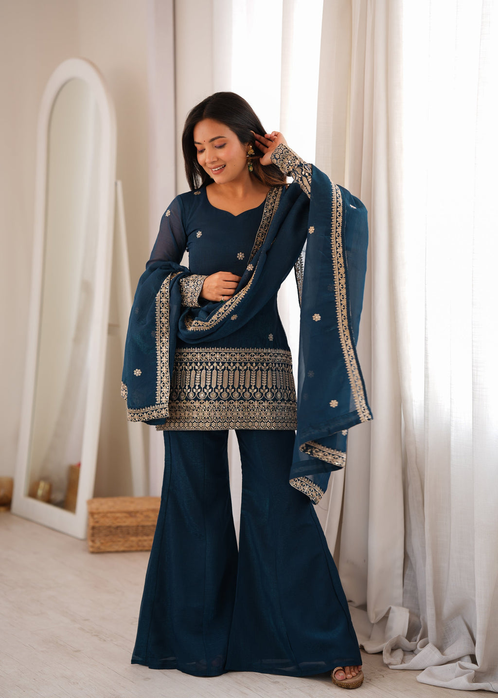 Lorenvalley Fashion Teal Crunchy Silk with Embroidery Sequins and Zari Work Kurta Bell Bottom Pant with Dupatta | Grocsy