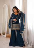 Lorenvalley Fashion Teal Crunchy Silk with Embroidery Sequins and Zari Work Kurta Bell Bottom Pant with Dupatta | Grocsy