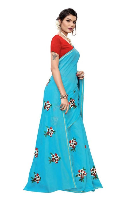Vamika Chanderi Cotton Embroidery Sky Blue Saree (MOGRA SKYBLUE) | Grocsy