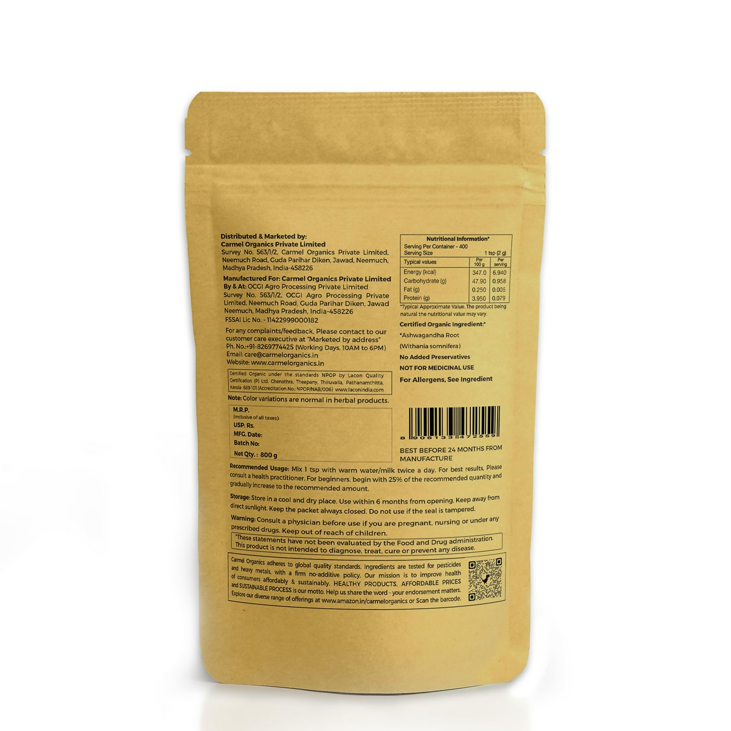 Carmel Organics Ashwagandha Root Powder | Grocsy