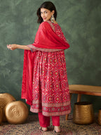 The52 Women's Beautiful Printed Work Rayon Fabric Flared Kurta Pant and Dupatta Set-Red | Grocsy