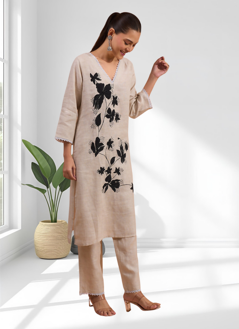 Joban Fashion Beige Linen Embroidered Readymade Long Kurta With Pant | Grocsy