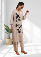 Joban Fashion Beige Linen Embroidered Readymade Long Kurta With Pant | Grocsy