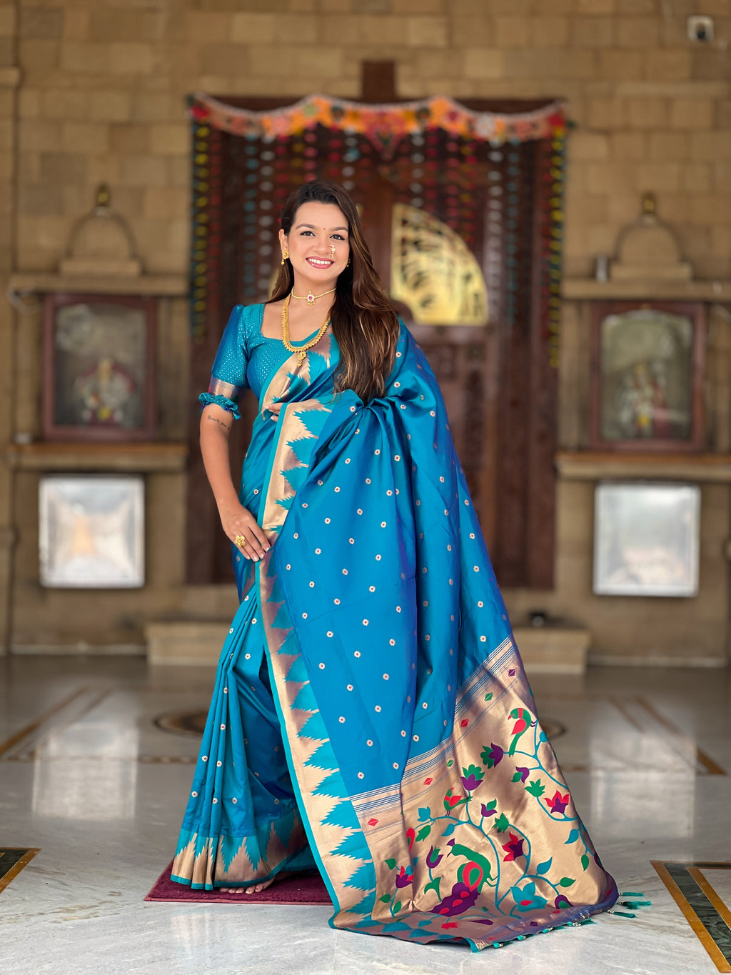 Vedant Vastram Soft Litchi Silk Banarasi Silk Jacquard Saree - Firozi | Grocsy