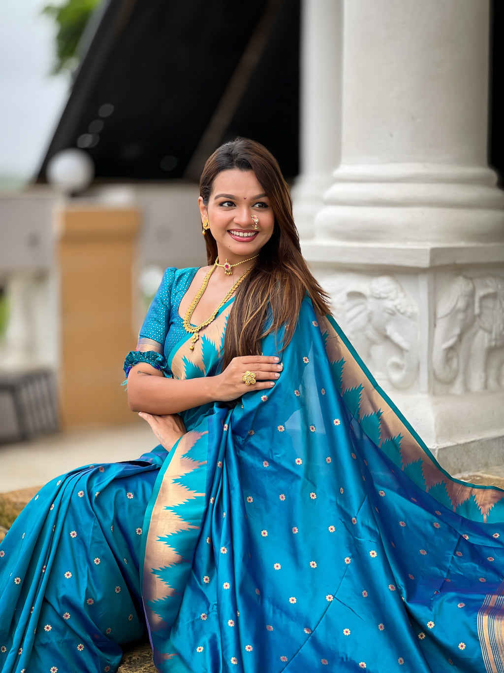 Vedant Vastram Soft Litchi Silk Banarasi Silk Jacquard Saree - Firozi | Grocsy