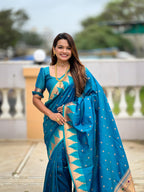 Vedant Vastram Soft Litchi Silk Banarasi Silk Jacquard Saree - Firozi | Grocsy