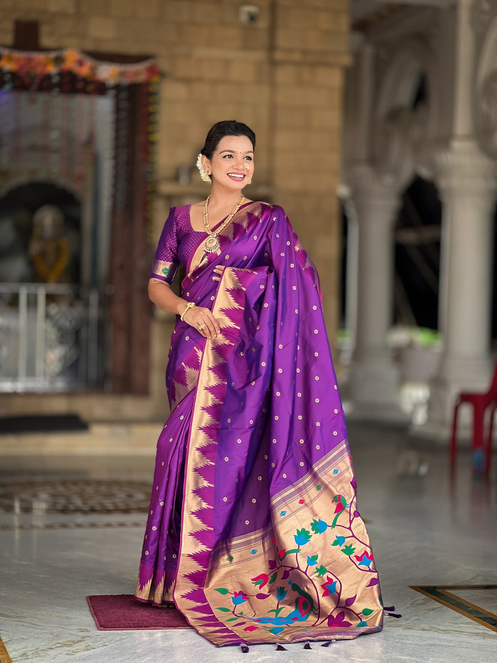 Vedant Vastram Soft Litchi Silk Banarasi Silk Jacquard Saree - Purple | Grocsy
