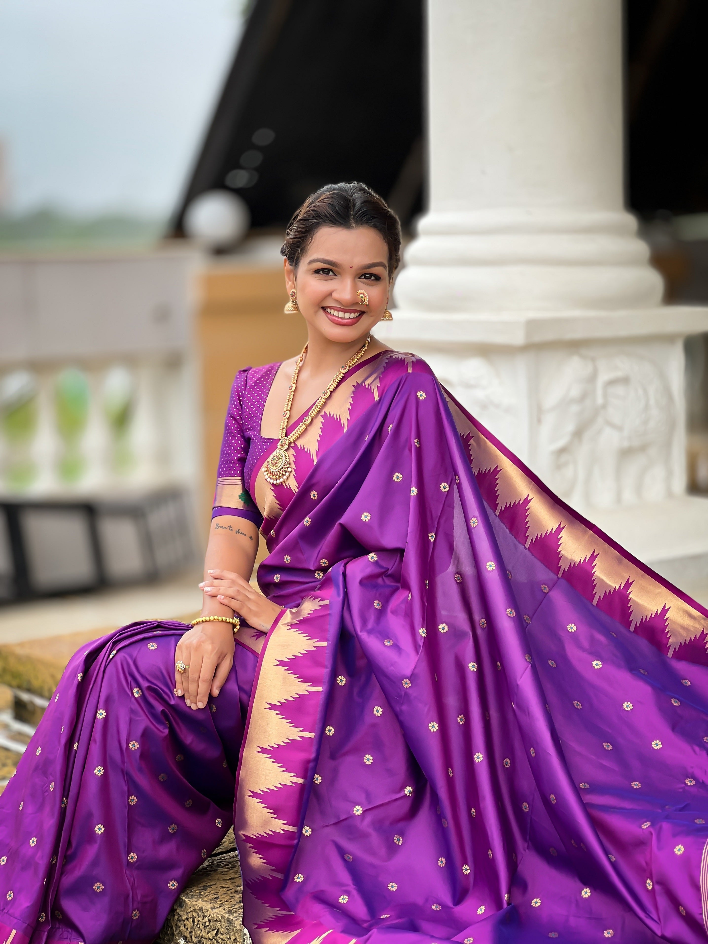 Vedant Vastram Soft Litchi Silk Banarasi Silk Jacquard Saree - Purple | Grocsy