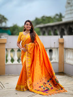 Vedant Vastram Soft Litchi Silk Banarasi Silk Jacquard Saree - Orange | Grocsy