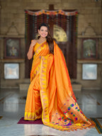 Vedant Vastram Soft Litchi Silk Banarasi Silk Jacquard Saree - Orange | Grocsy