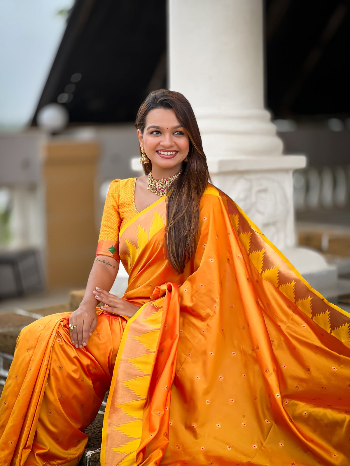 Vedant Vastram Soft Litchi Silk Banarasi Silk Jacquard Saree - Orange | Grocsy