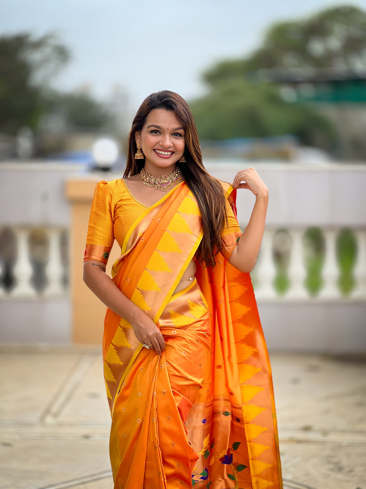 Vedant Vastram Soft Litchi Silk Banarasi Silk Jacquard Saree - Orange | Grocsy