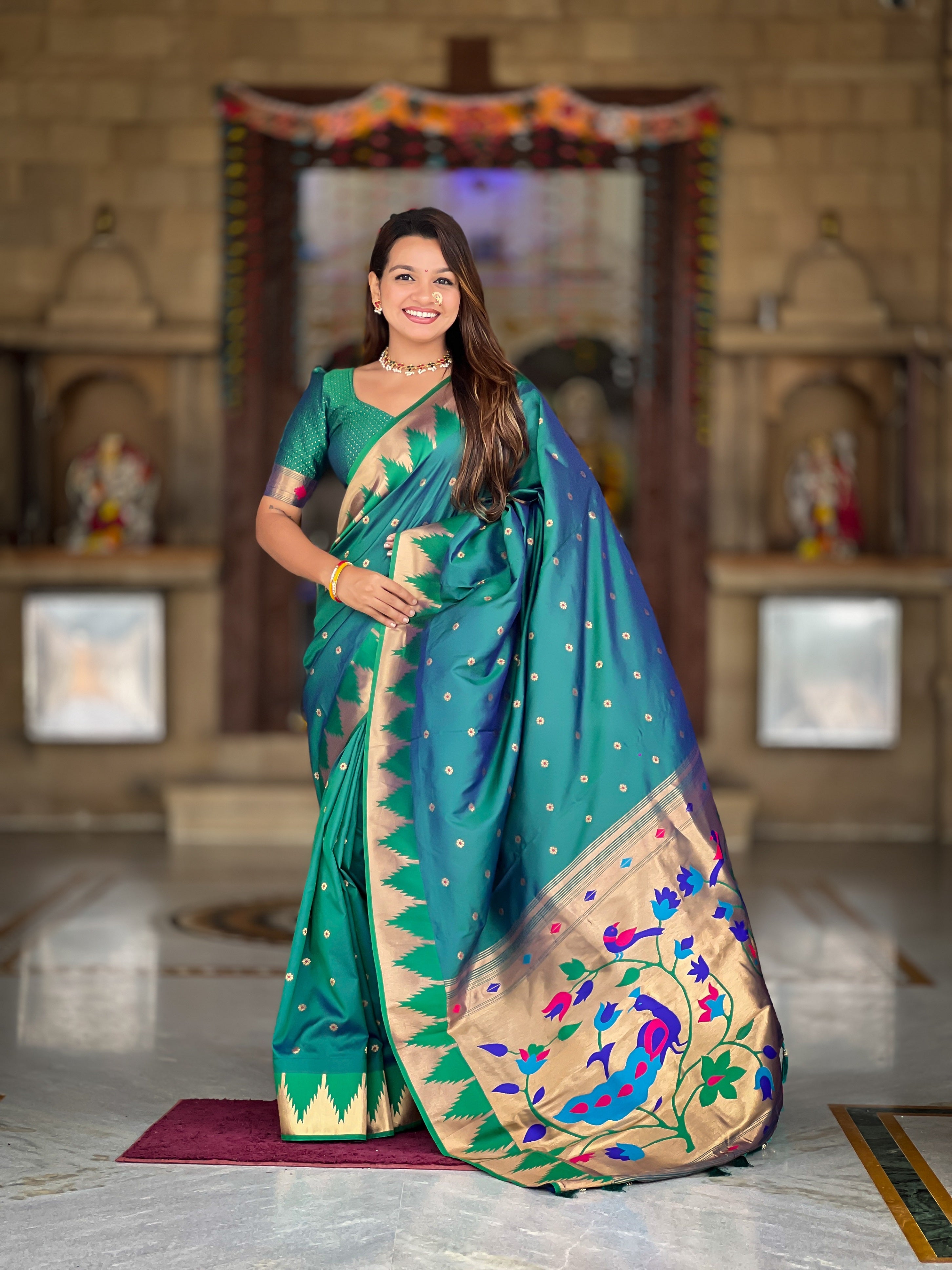 Vedant Vastram Soft Litchi Silk Banarasi Silk Jacquard Saree - Rama | Grocsy
