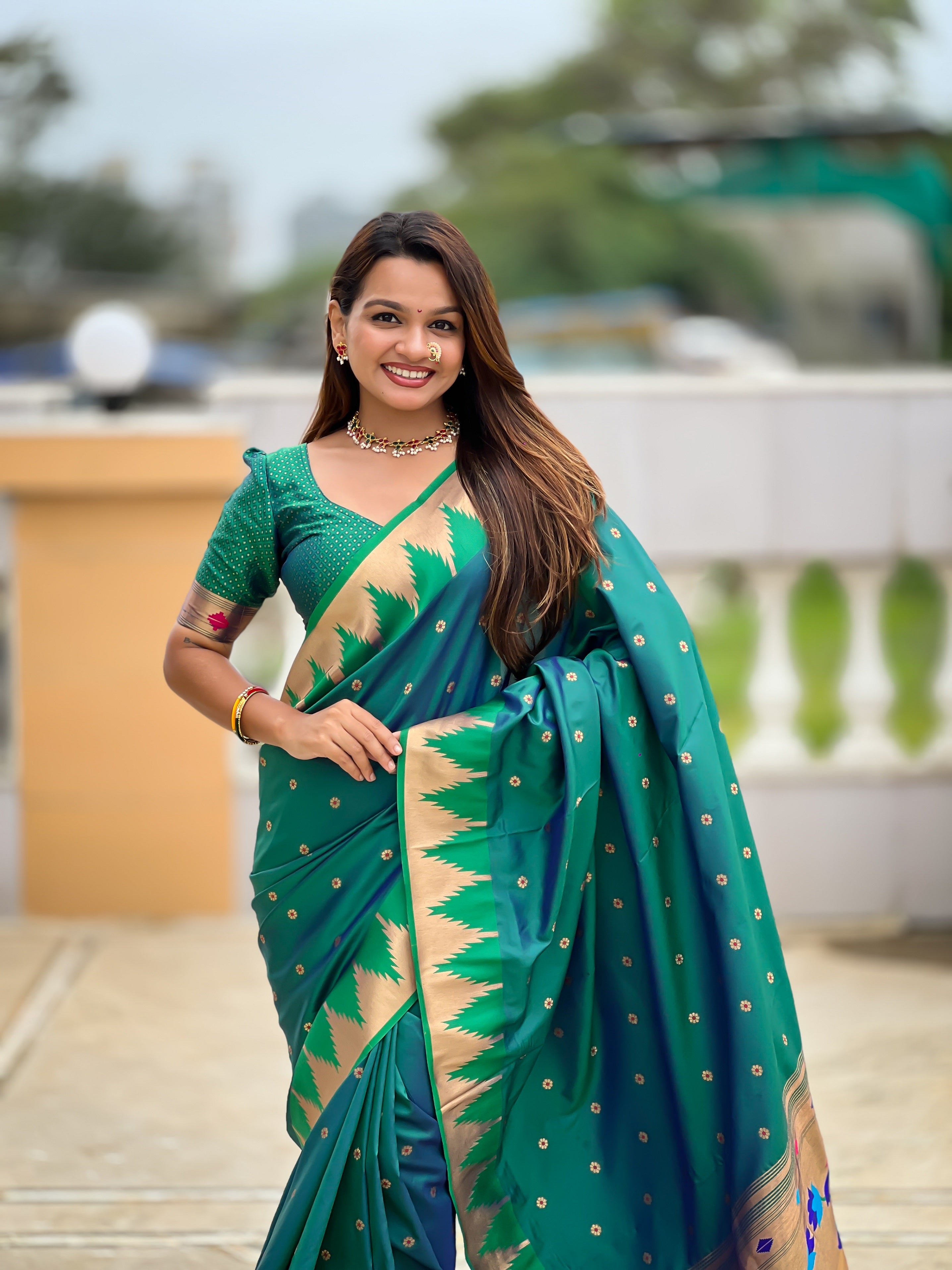 Vedant Vastram Soft Litchi Silk Banarasi Silk Jacquard Saree - Rama | Grocsy