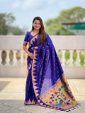 Vedant Vastram Soft Litchi Silk Banarasi Silk Jacquard Saree - Blue | Grocsy