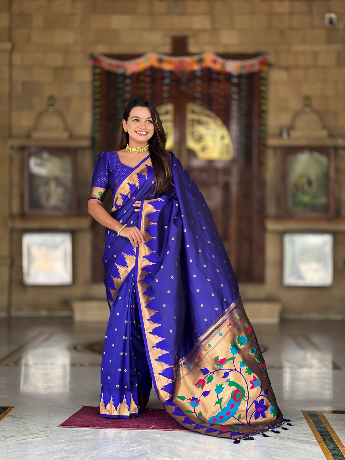 Vedant Vastram Soft Litchi Silk Banarasi Silk Jacquard Saree - Blue | Grocsy