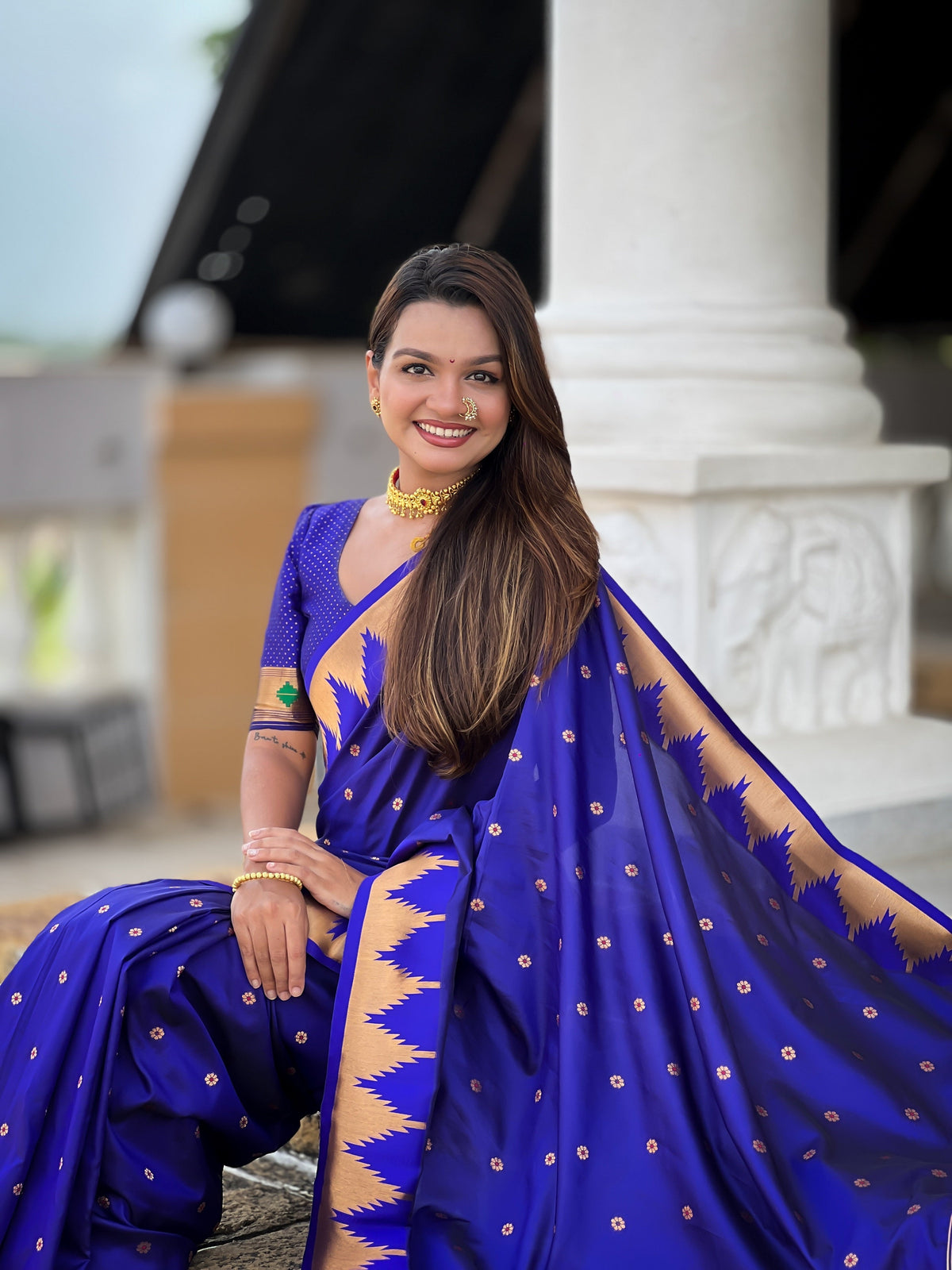 Vedant Vastram Soft Litchi Silk Banarasi Silk Jacquard Saree - Blue | Grocsy