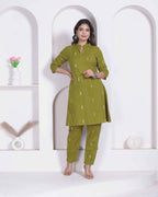 Miravan Womens Green Printed Cotton Straight Kurta With Palazzo | Grocsy