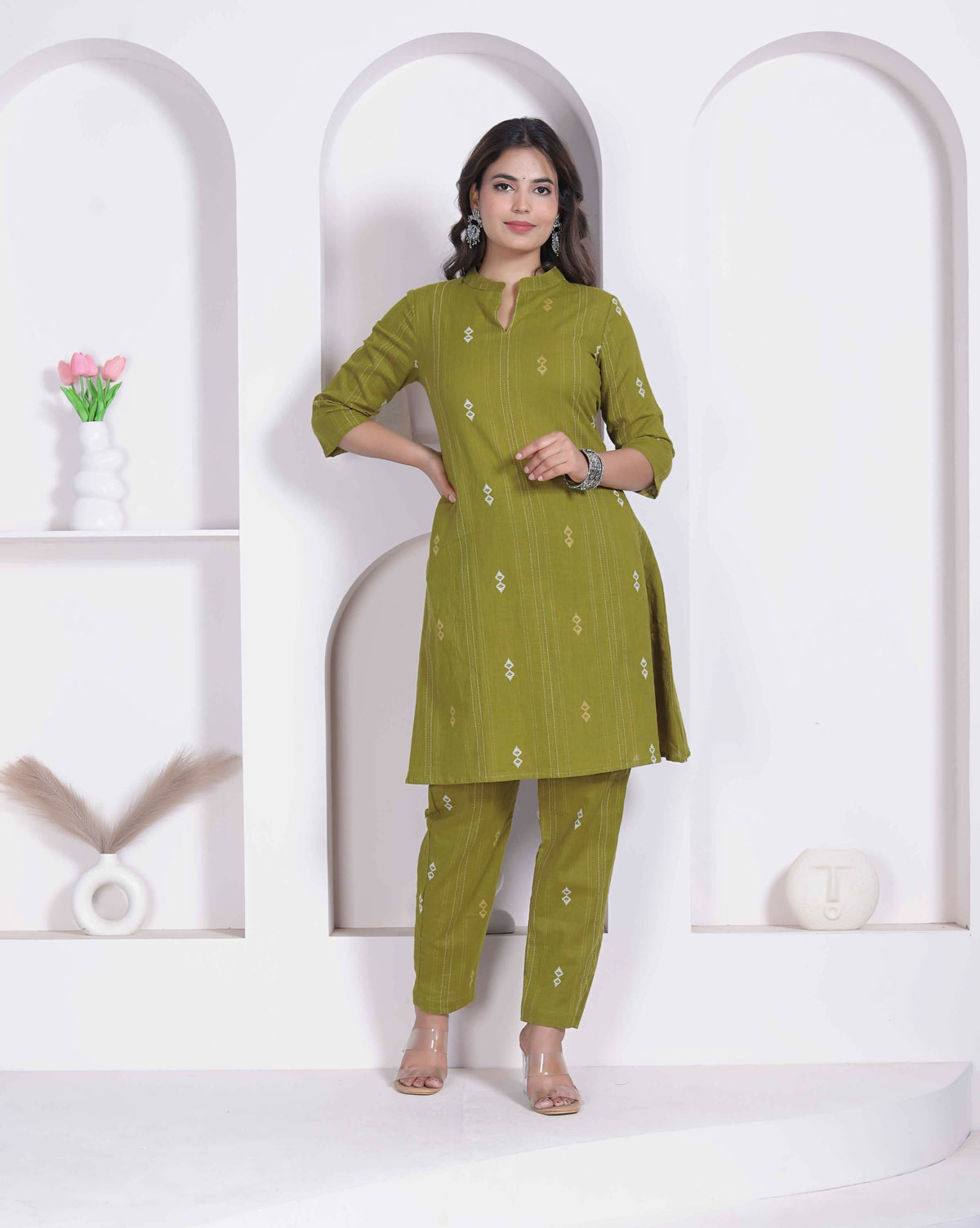 Miravan Womens Green Printed Cotton Straight Kurta With Palazzo | Grocsy