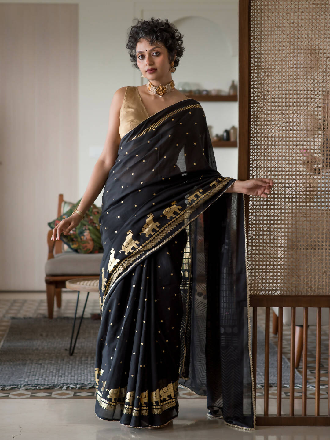 Suta Black Ethnic Motifs Cotton Blend Saree | Grocsy