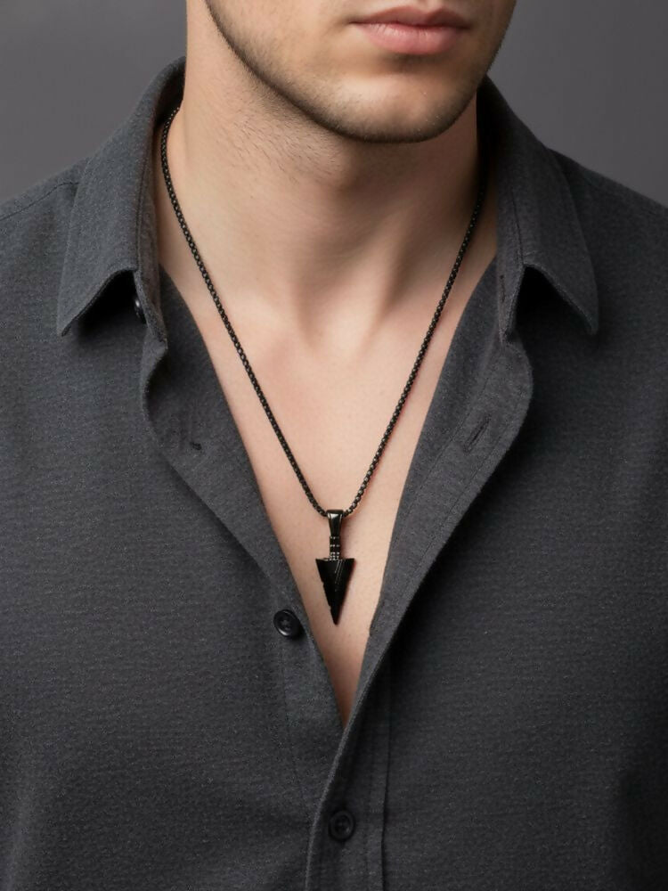 NVR Men's Black Arrow Shaped Rhodium Plated Pendant with Chain | Grocsy