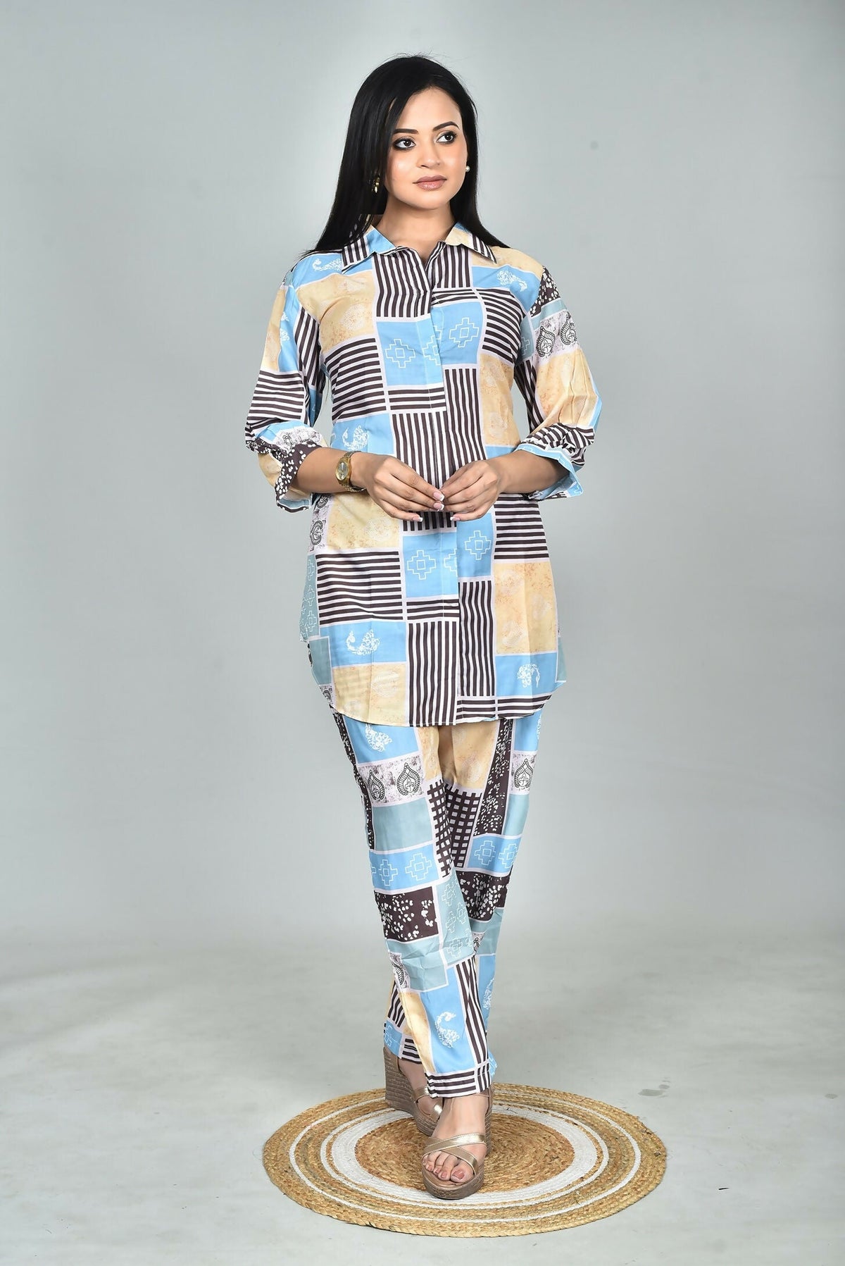 Morchari Digital Print Semi Muslin Co-Ord Set Top & Trouser-Multicolor | Grocsy