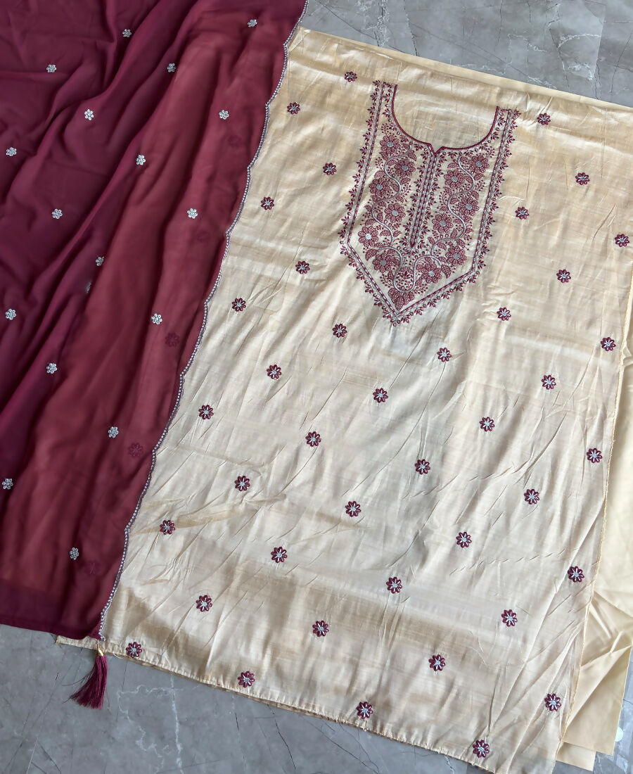 KC Khadi Cotton White Suit With Pink Dupatta 3 Piece Pair For Women | Grocsy