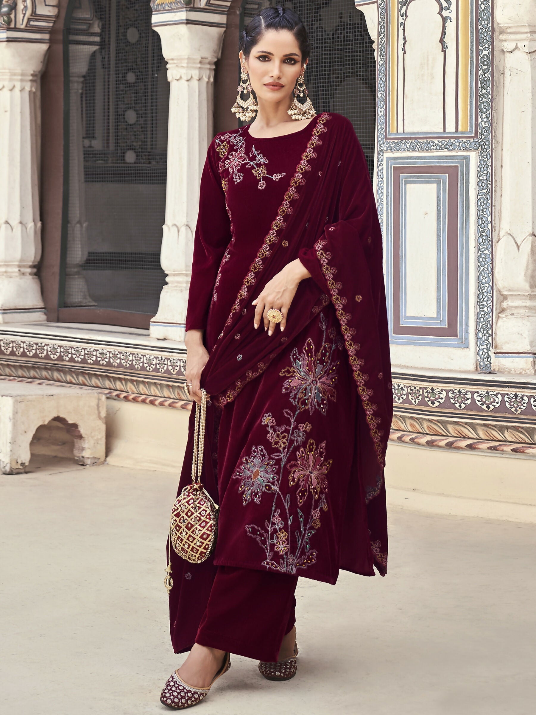 Jyoti Fashion Women's Maroon Velvet Resham Thread with Jari & Sequin Kurta with Trouser & Dupatta | Grocsy