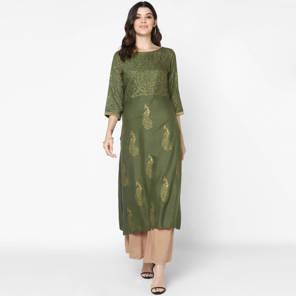 Cheera Hand Block Print Olive Green & Skin Color Straight Kurta With Palazzo (MAAI-083K) | Grocsy